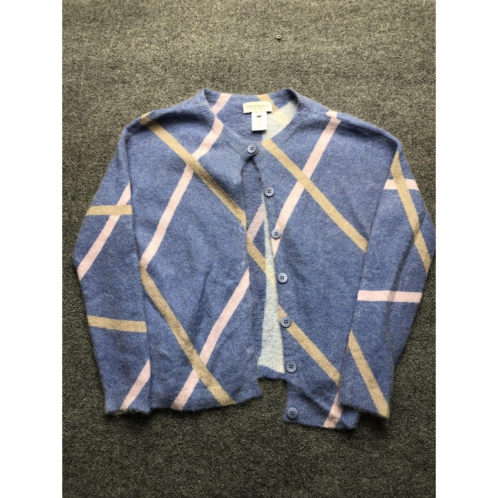 Bianco&Blu Cardigan Sweater Womens Medium Blue Plaid Mohair Wool Button Up Italy